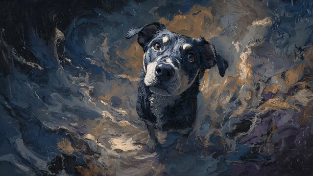 Dramatic impasto painting style illustration of a dog looking up amidst swirling abstract storm clouds and textured smoke