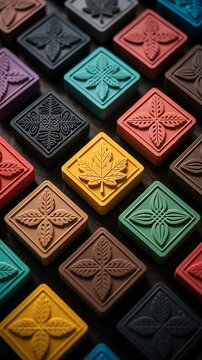 Collection of colorful cannabis edible squares with various leaf designs on a dark background