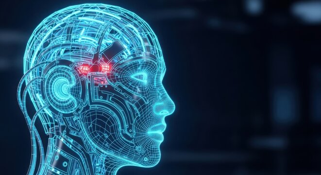A blue human head with a red microchip