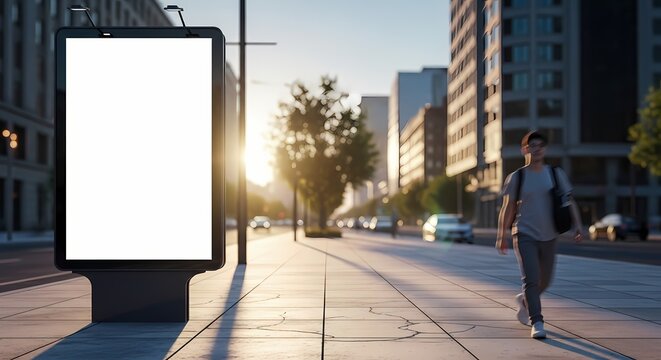 Vertical billboard mockup stands on a sun-drenched city sidewalk during golden hour with beautiful bokeh for out-of-home marketing campaigns