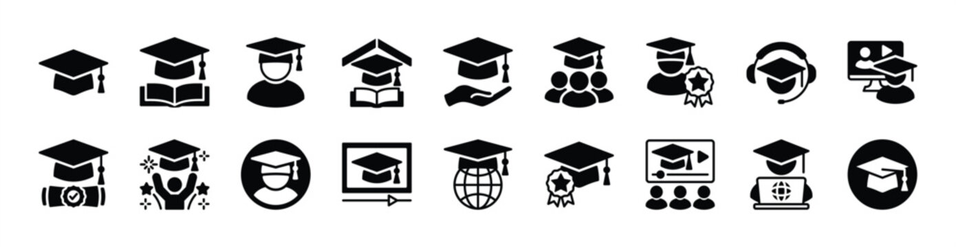 Graduation cap icon vector set. Contains diploma, education, university, academic, student hat, ceremony, celebration, achievement, success, learning, college, scholar - illustration