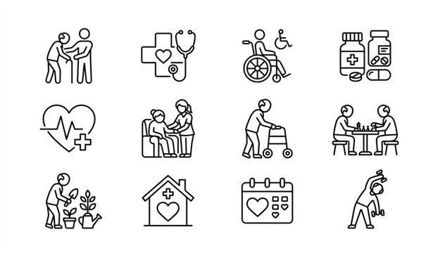 Minimal elderly care line icon set senior healthcare vector isolated on white background