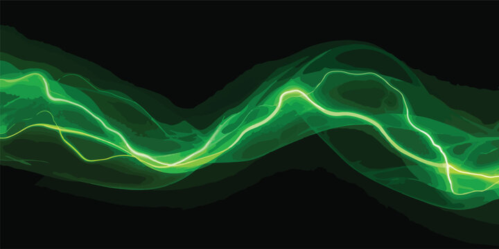 Abstract green energy background with glowing waves of electric blue lightning and motion smoke patterns flowing over a textured black design