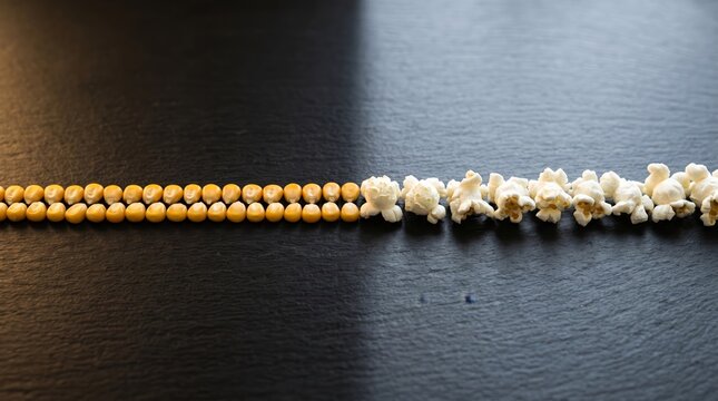 Corn kernels transforming into popcorn on a bifurcated background. Concept of change, growth, and food industry, ideal for educational and advertising purposes. Generative AI.
