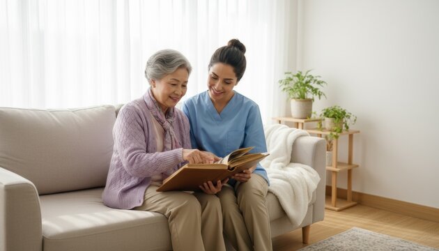 A Moment of Shared Memories: A kind caregiver and an elderly woman sit together on a couch, looking through a photo album, sharing smiles and a comforting connection.