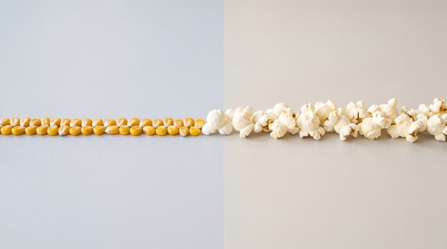 Corn kernels transforming into popcorn on a bifurcated background. Concept of change, growth, and food industry, ideal for educational and advertising purposes. Generative AI.