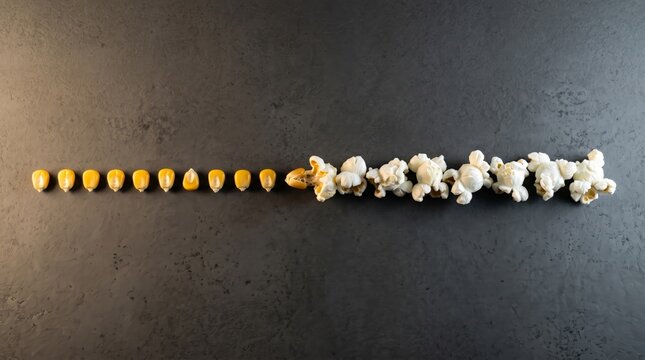 Corn kernels transforming into popcorn on a bifurcated background. Concept of change, growth, and food industry, ideal for educational and advertising purposes. Generative AI.