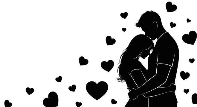 Silhouette of Loving Couple Embracing with Floating Hearts
