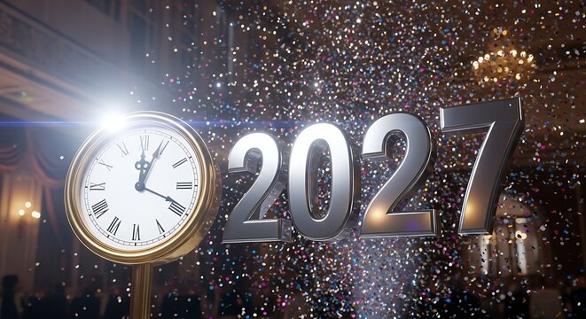 Elegant midnight countdown clock showing 2027 with festive colorful confetti in a grand ballroom