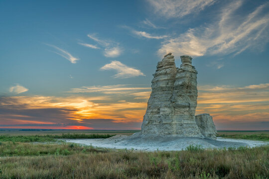 Castle Rock  - limestone pillar landmark in prairie of western Kansas near Quinter  at late October sunrise