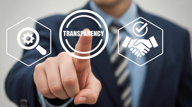 Businessman pointing to transparency icon with gear