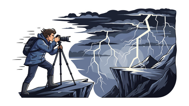 Storm Chaser Photographer: A determined photographer, equipped with a tripod and camera, captures the dramatic spectacle of a powerful lightning storm over rugged cliffs.