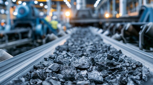 Medium shot of machinery crushing spent graphite electrodes capturing the heavy industrial process in a recycled graphite recovery plant environment. Medium shot focused on workers