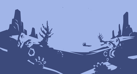 Stylized landscape illustration blue tones depicting mountains and vegetation © mas