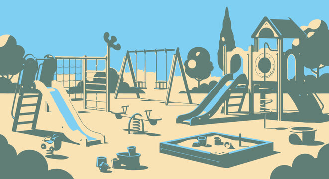 Playground illustration slides swings sandpit trees in day light graphic style