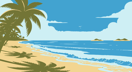Obraz premium Beach scene with palm trees ocean blue sky and clouds in sunny daylight