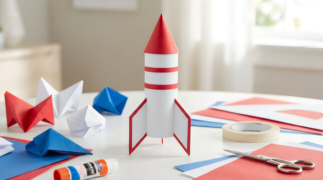 Handmade paper rocket craft project for children on a white table with craft supplies