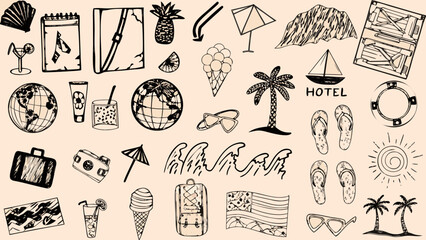Collection of hand drawn travel themed sketches including globes suitcases and tropical elements on a beige background beach tourism vacation holiday © Suranjan