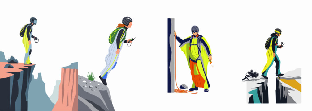 Vector illustration set of base jumpers and wingsuit flyers preparing and performing jumps from mountain cliffs in extreme sports scenes.