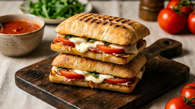 Two stacked grilled panini sandwiches with mozzarella, tomato, and prosciutto on a rustic wooden board