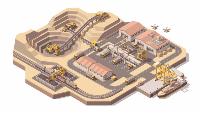 Industrial mining complex with heavy machinery and buildings.