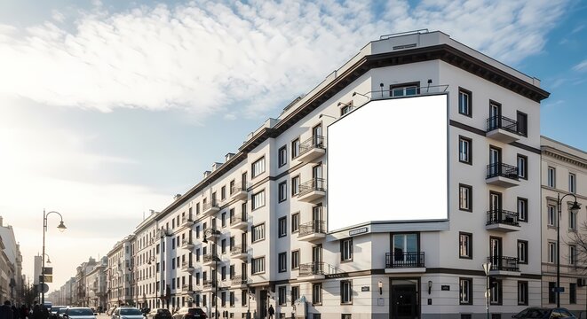 Blank corner billboard mounted on a white architectural building facade under a bright day sky for outdoor advertising campaigns