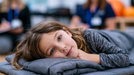 Fototapeta premium Child lying on a therapy mat with a weighted blanket pulled to chin, eyes open at the ceiling, occupational therapist nearby taking quiet notes, soft clinical room with natural light diffusion, perf