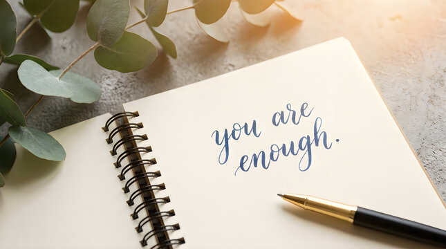 Inspirational quote you are enough written in a notebook with a pen and eucalyptus leaves on a textured gray background