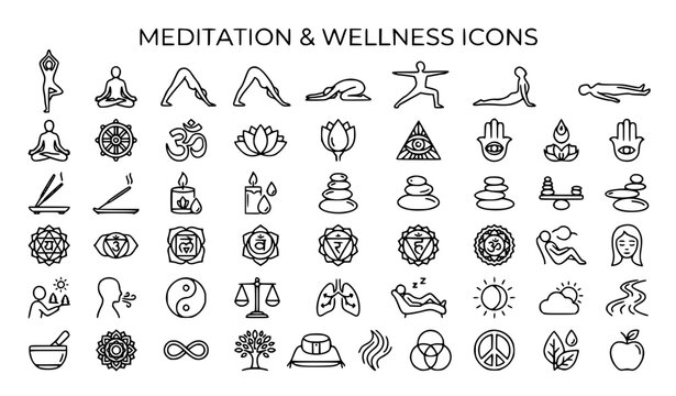 Meditation and Wellness Icons Set - Yoga, Mindfulness, Spirituality Vector Line Icons