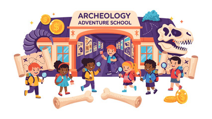 Archeology Adventure School: Young explorers gather at a vibrant archeology adventure school, excited to discover ancient mysteries, fossils, and treasures, fostering curiosity and learning. © abidakhatun