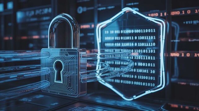 Metallic padlock securing digital data with glowing binary code interface in this professional cyber security themed conceptual technology stock photograph