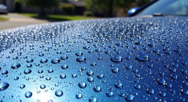Blue car surface covered in shimmering water droplets