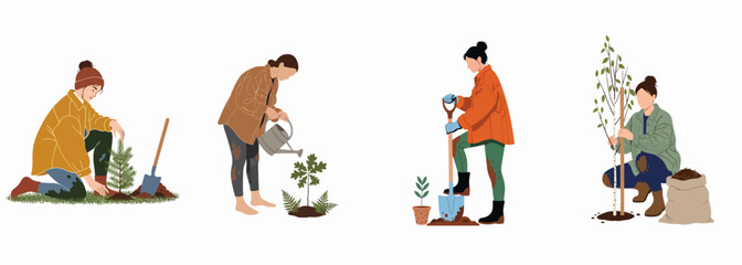 Fototapeta premium Set of flat vector illustrations of women planting trees, gardening, and caring for the environment on a white background.