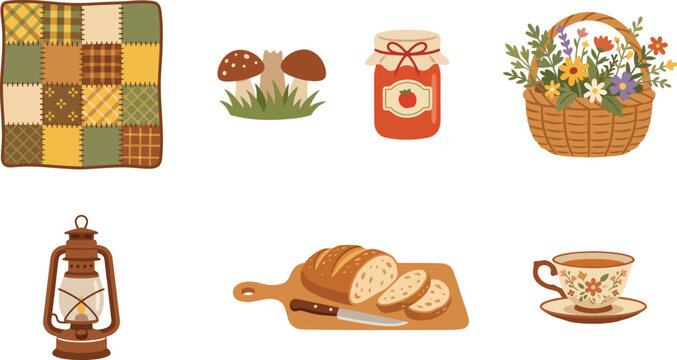 Cottagecore elements set with patchwork quilt mushrooms jam jar flower basket lantern bread and teacup isolated on white background flat vector illustration