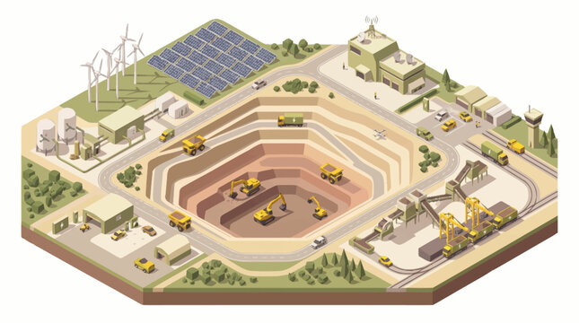 Open pit mine with heavy machinery and renewable energy sources.