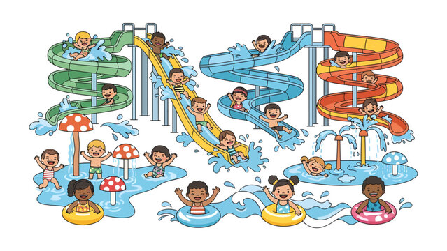 Water Park Fun: A vibrant illustration depicts children of diverse backgrounds enjoying a day of excitement and thrills at a lively water park, sliding down colorful chutes and splashing in pools.