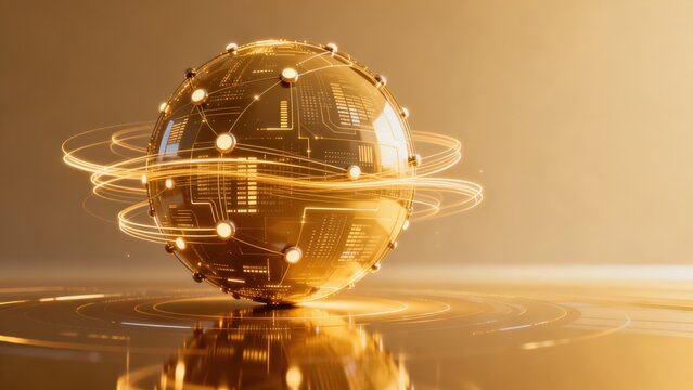 Golden globe with circuit patterns and orbiting lines