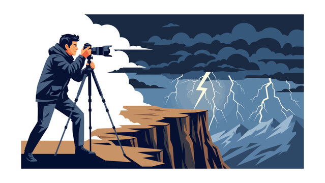 Storm Chaser Photographer: A determined photographer stands on a cliff edge, tripod set up, capturing the dramatic spectacle of lightning strikes during a fierce thunderstorm.