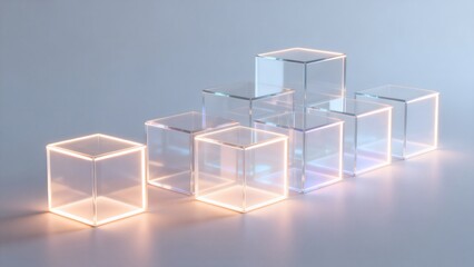 Obraz premium Glass cubes with glowing edges on a reflective surface