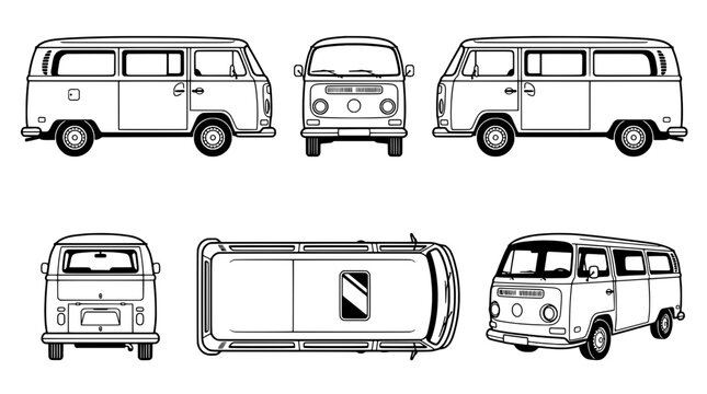 Volkswagen van set with multiple views and open door illustration featuring side view, front view, rear view with black and white and line drawing