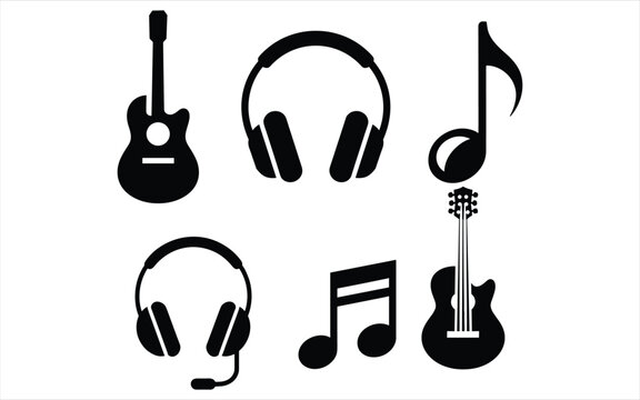 Black and white of musical instruments and notes treble clef