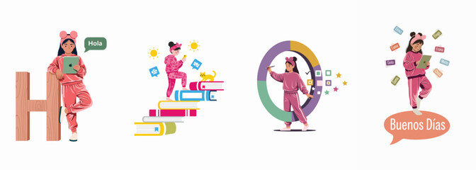 Educational illustrations of a young girl using digital tablets and books for language learning, communication, and modern online studies. © krupok