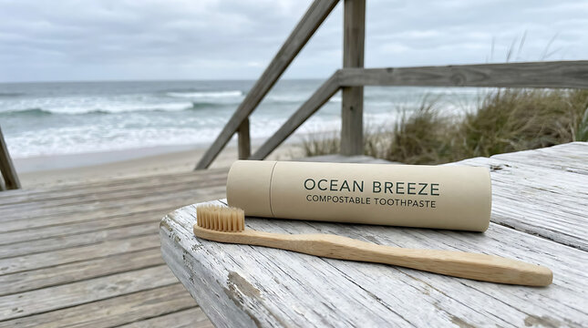 Eco-friendly bamboo toothbrush and compostable ocean breeze toothpaste resting on a wooden deck by the sea
