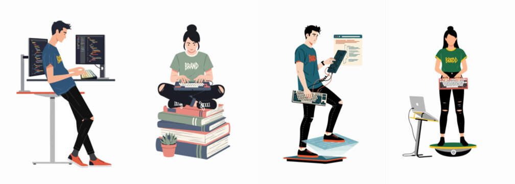 Diverse group of software developers and programmers working in creative and unconventional workspace setups, depicted in a flat vector illustration style.