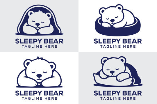 4 Premium Modern Minimalist Mascot Sleepy Bear Logo Bundle Black and White Clean Vector