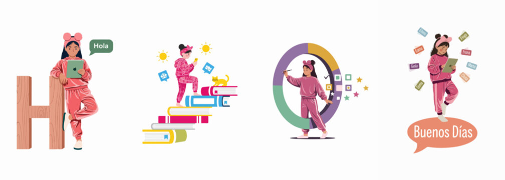 Educational illustrations of a young girl using digital tablets and books for language learning, communication, and modern online studies.