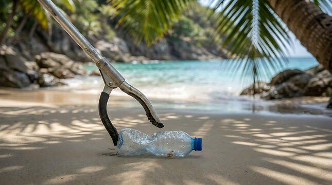 Metal litter picker tool collecting a plastic water bottle on a sandy beach with the ocean in the background