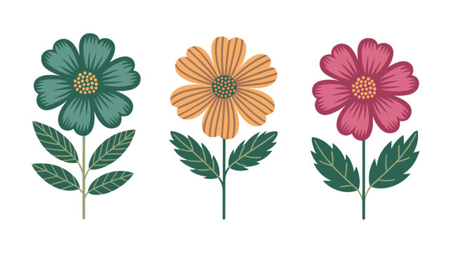 Three stylized daisy flowers with green stems and leaves in blue yellow and pink petal
