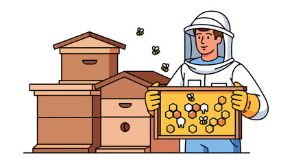 Beekeeper with Honeycomb: A beekeeper in protective gear stands beside a row of beehives, holding a frame filled with honeycomb and buzzing bees. © mstmahmuda