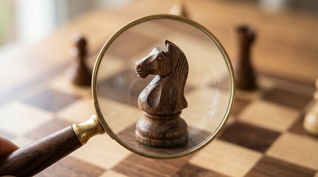 Chess knight under magnifying glass on chessboard close up. Strategic thinking and analysis concept represents intelligence, focus and decision making